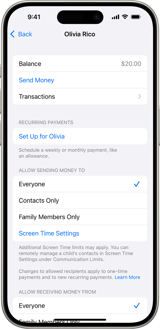 iOS 18 family organizer's view of child's Apple Cash balance, transactions, and more. 