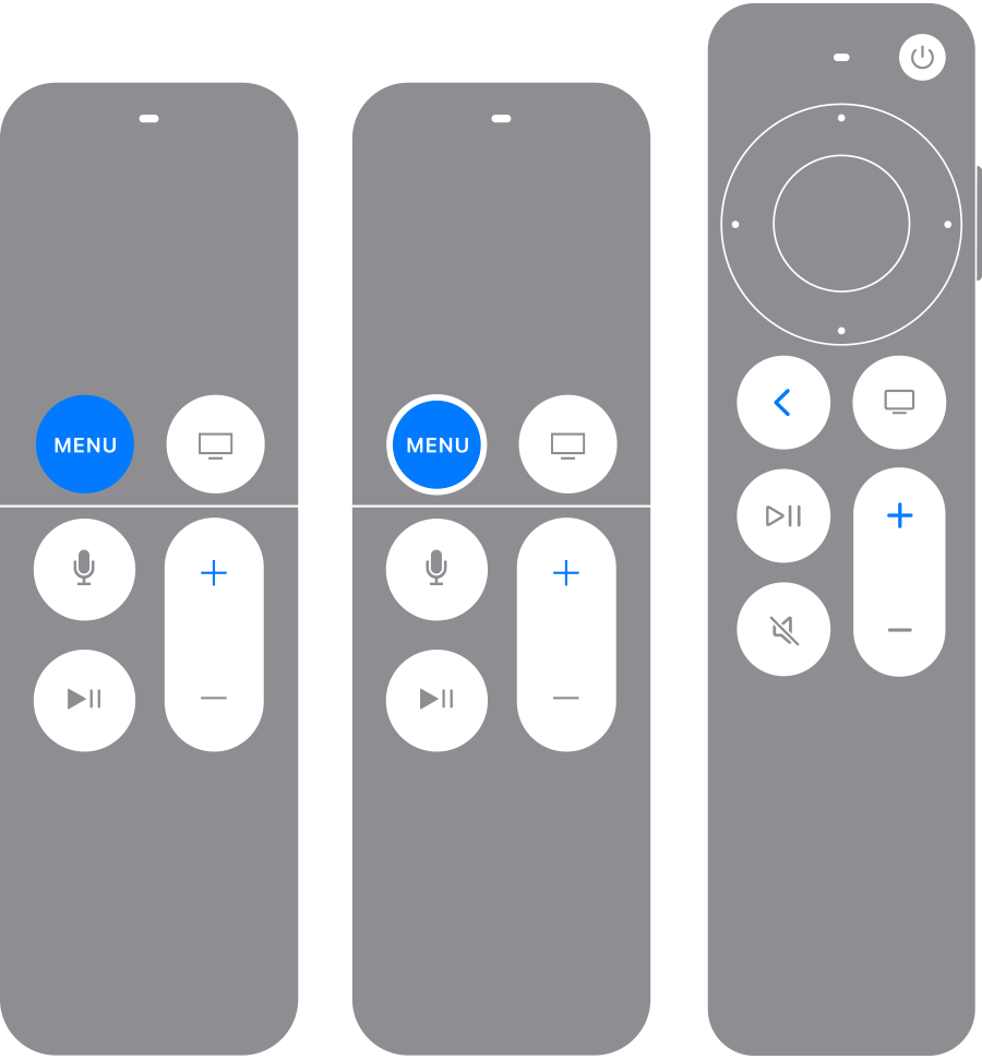 Télécommandes de l’Apple TV avec le bouton Retour (ou Menu) et le bouton d’augmentation du volume mis en évidence en bleu