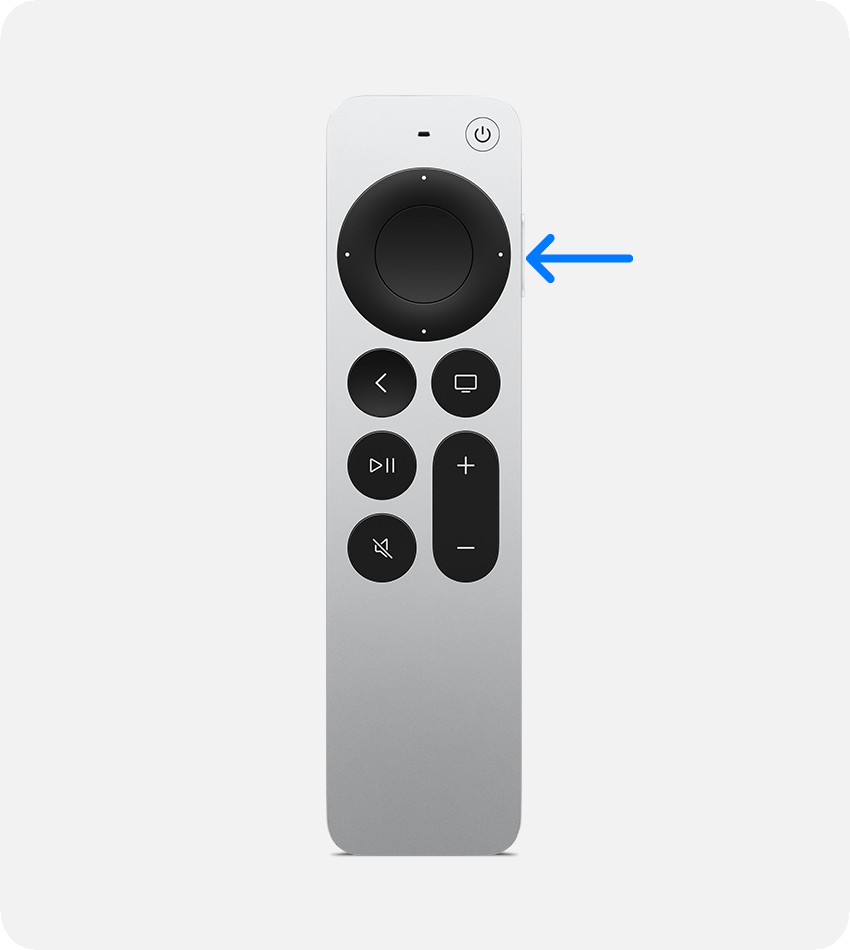 Apple TV RemoteでSiriを呼び出すサイドボタンが青い矢印で示されているところ