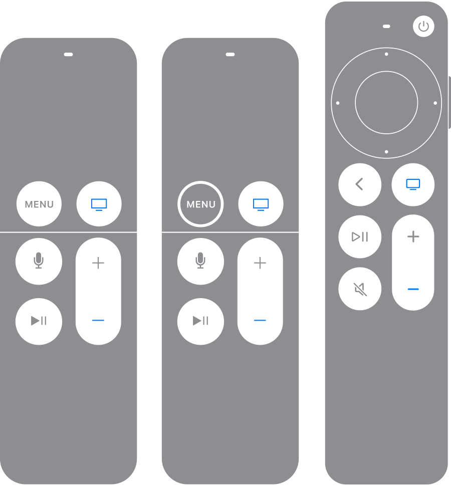 TV/제어 센터 버튼과 음량 낮추기 버튼이 파란색으로 강조 표시된 Apple TV Remote