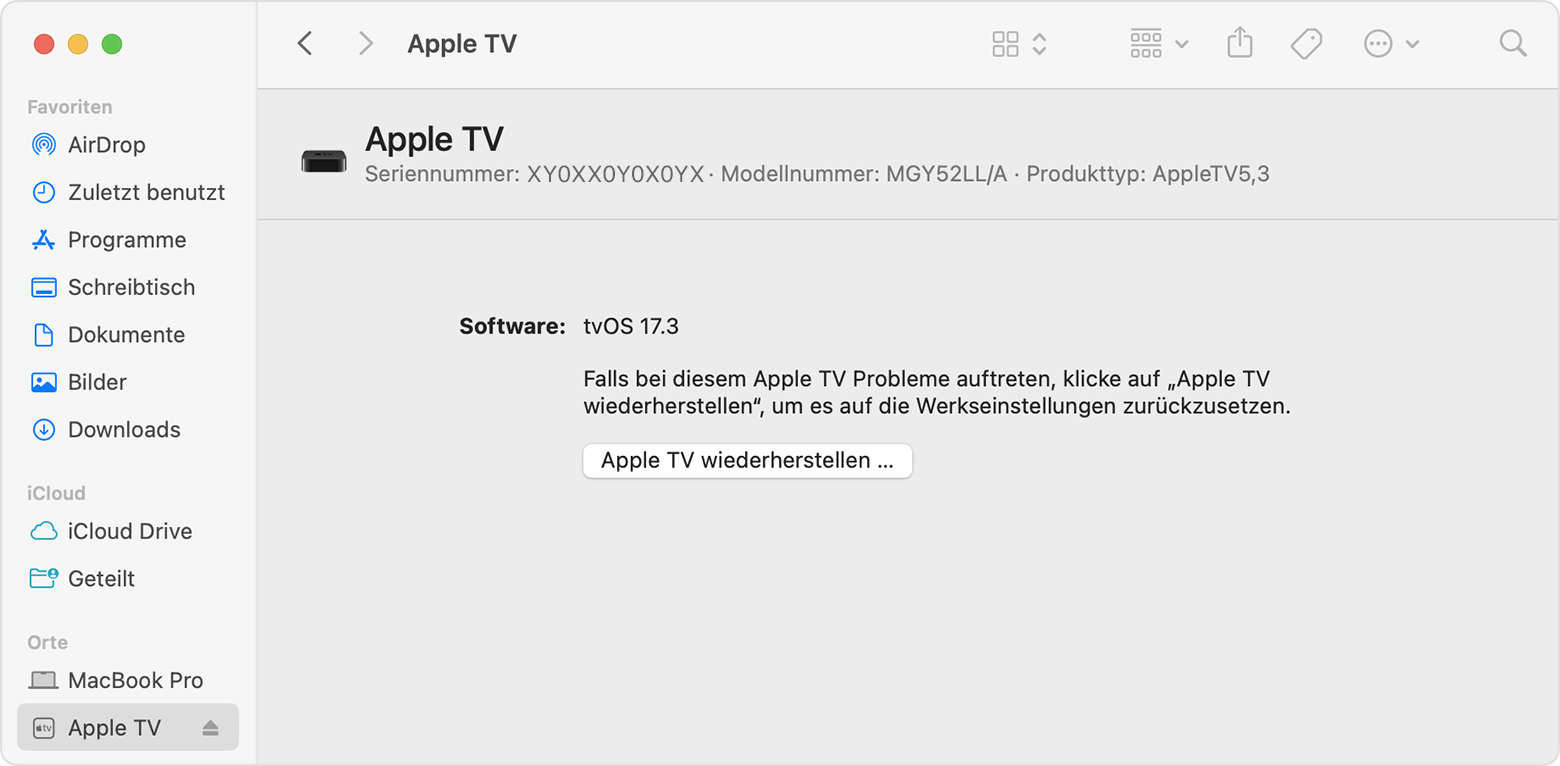 Das Wiederherstellungsfenster von Apple TV wird angezeigt, während es mit macOS verbunden ist