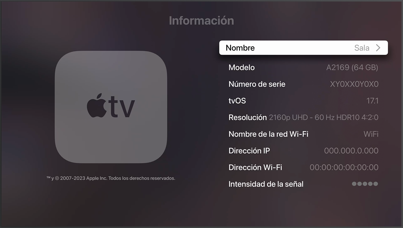 El número de serie aparece cerca de la parte superior de la pantalla Acerca de en el Apple TV