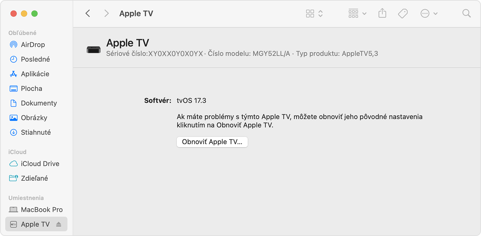 Okno obnovenia Apple TV zobrazené počas pripojenia k systému macOS