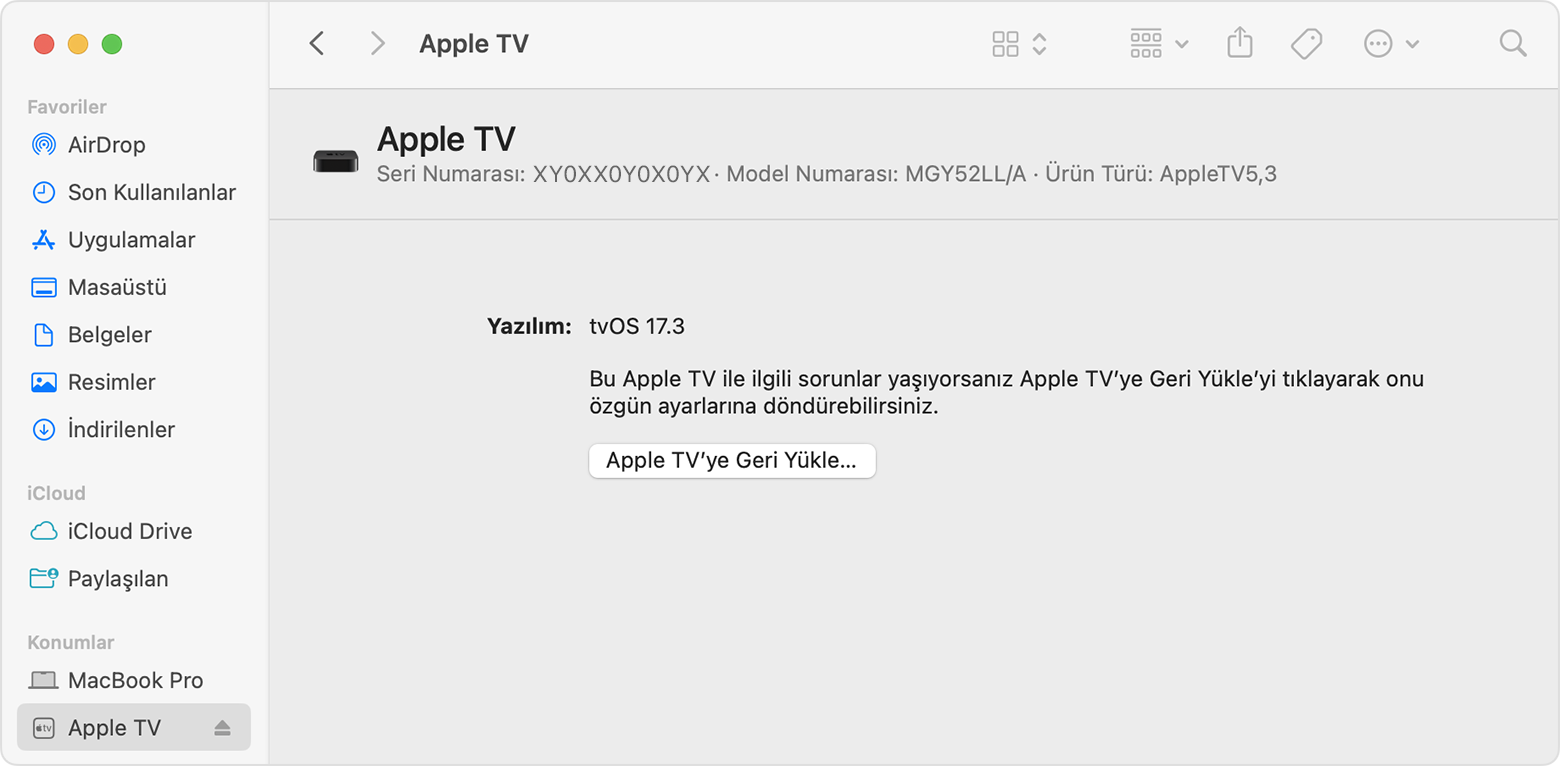 macOS'e bağlıyken görüntülenen Apple TV geri yükleme penceresi