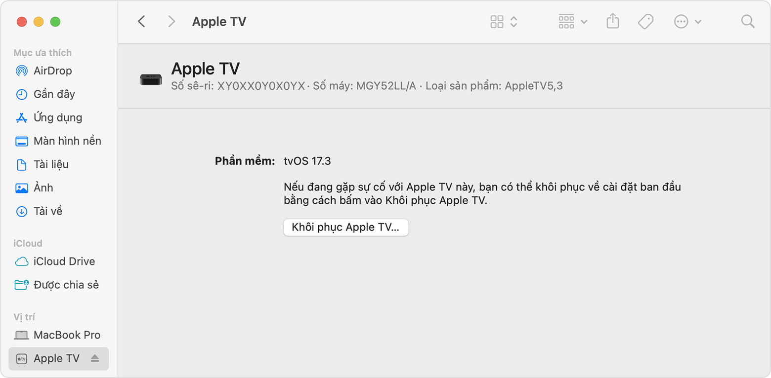 Cửa sổ khôi phục Apple TV hiển thị khi kết nối với macOS