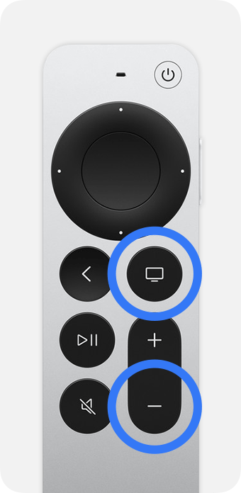 Siri Remote, jossa on ympyröityinä TV/Ohjauskeskus-painike ja äänenvoimakkuuden vähennyspainike