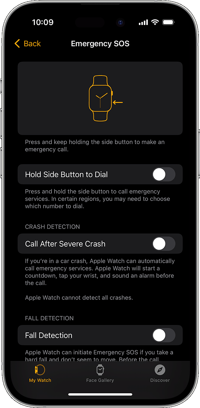 iPhone screen showing Emergency SOS settings for Apple Watch