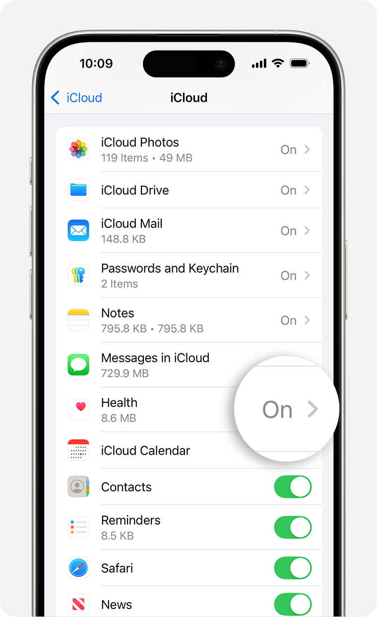 Η οθόνη ενός iPhone που εμφανίζει τις Ρυθμίσεις iCloud