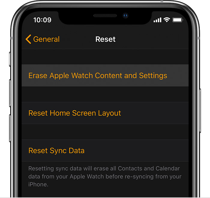 Ecrã do iPhone a mostrar as definições de Repor Apple Watch