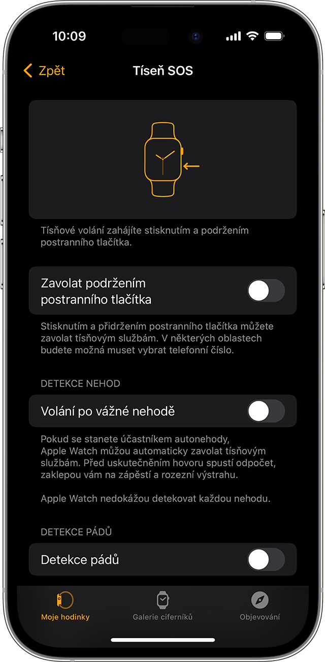 Obrazovka iPhonu zobrazující nastavení funkce Tíseň SOS pro Apple Watch