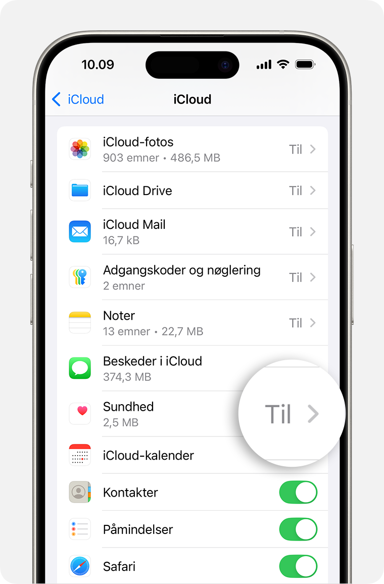 iPhone-skærm med visning af iCloud-indstillingerne