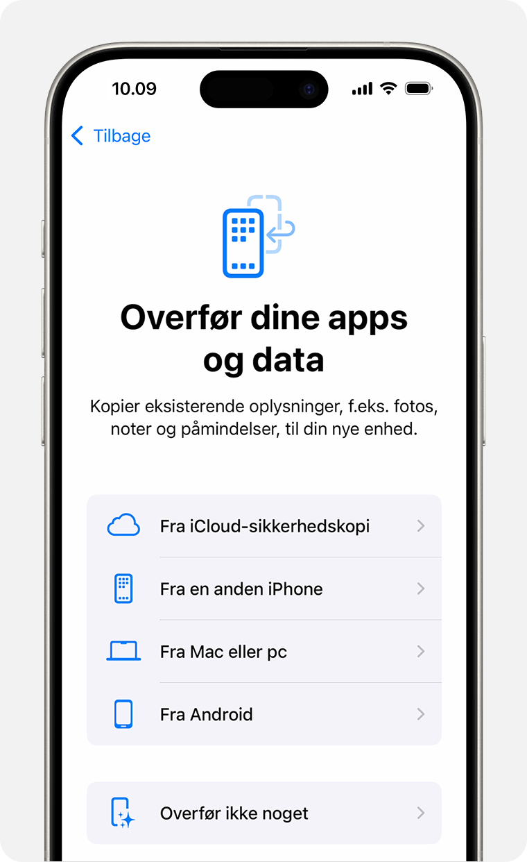 iPhone-skærm med visning af muligheden for at overføre apps og data