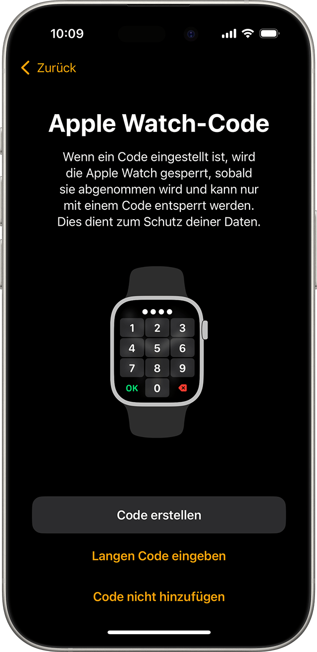 Bildschirm zur Einrichtung des Apple Watch-Codes