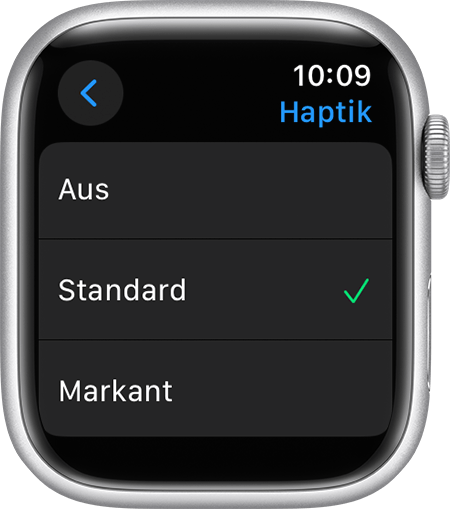 Apple Watch-Display mit den Einstellungen für „Haptik“