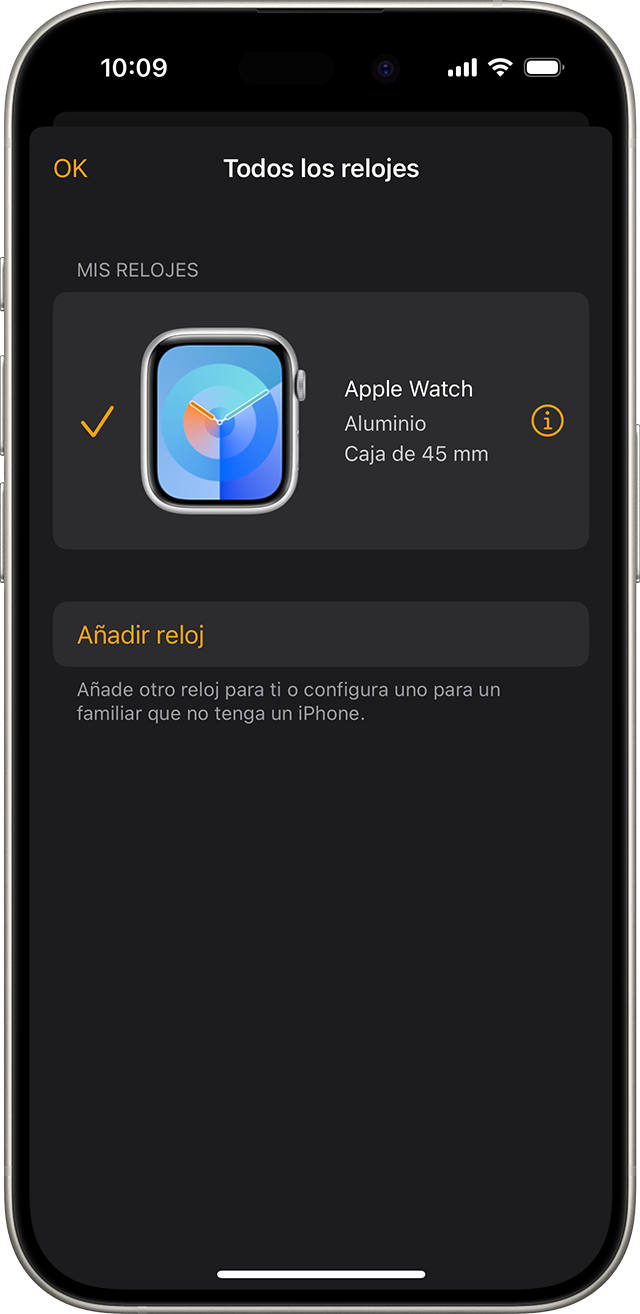 Pantalla de iPhone en la que puede verse la opción Todos los relojes de la app Watch