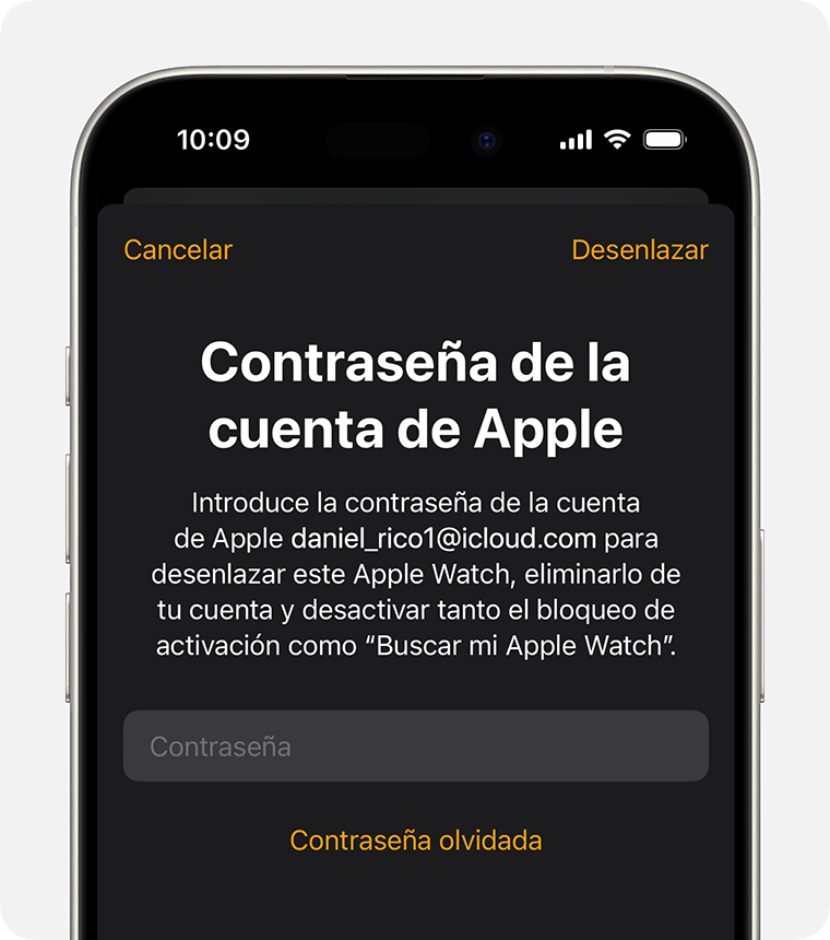 Mensaje para que el usuario introduzca la contraseña de su cuenta de Apple para desactivar el bloqueo de activación.