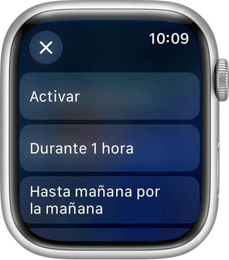 Pantalla del Apple Watch con los ajustes de No molestar