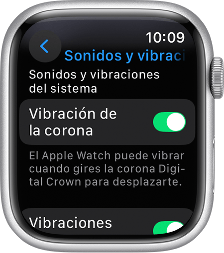 Pantalla del Apple Watch con los ajustes de Vibración de la corona