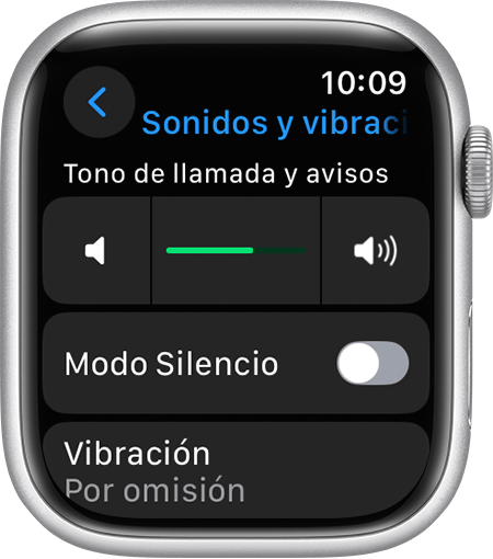 Pantalla del Apple Watch con los ajustes de Sonidos y vibraciones