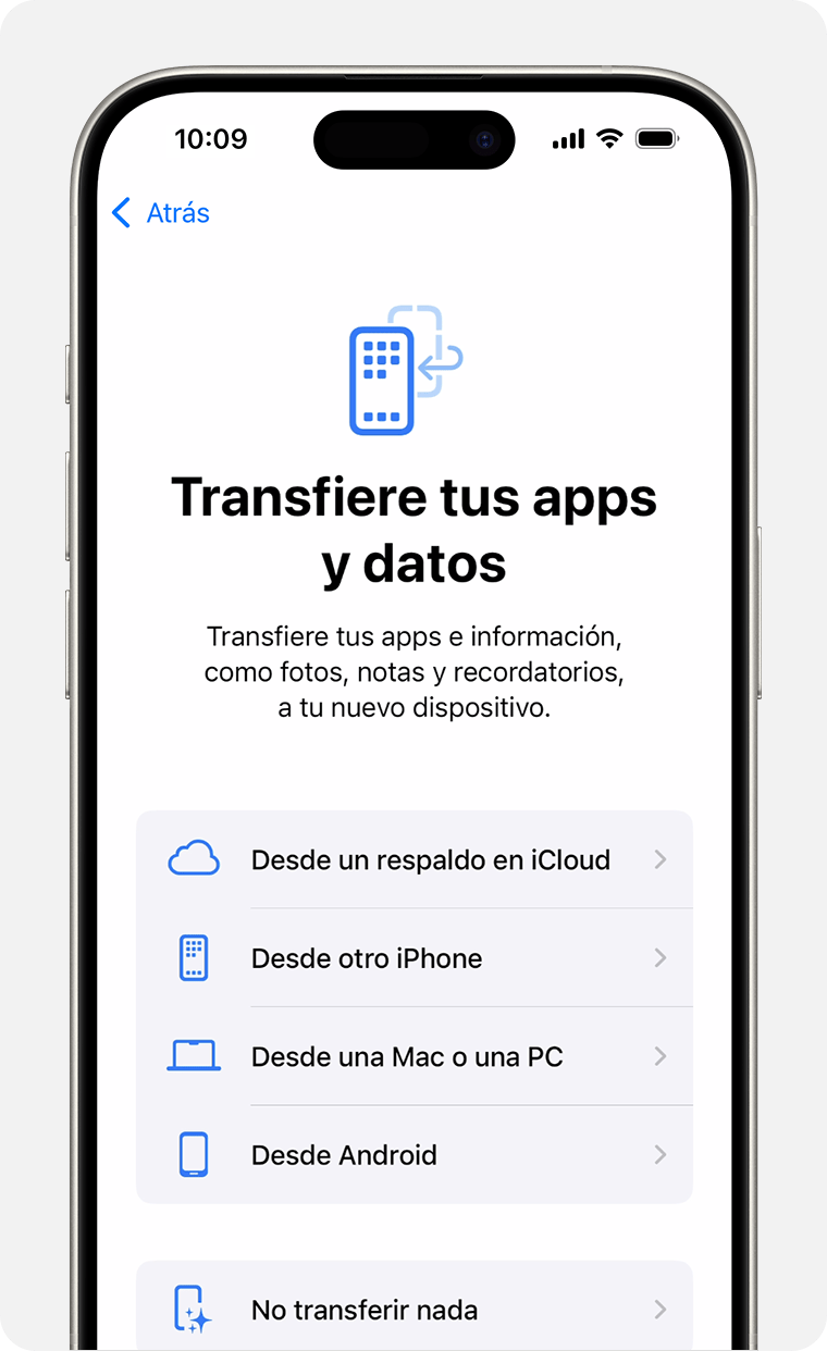 Pantalla de iPhone que muestra la opción de transferir apps y datos