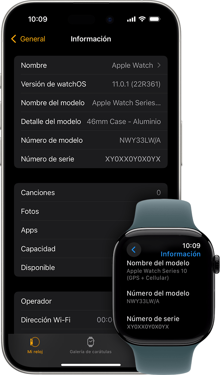 Un iPhone y un Apple Watch en los que se muestran la pantalla Acerca de y el número de serie