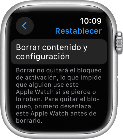 Apple Watch en el que se muestra Borrar contenido y configuración