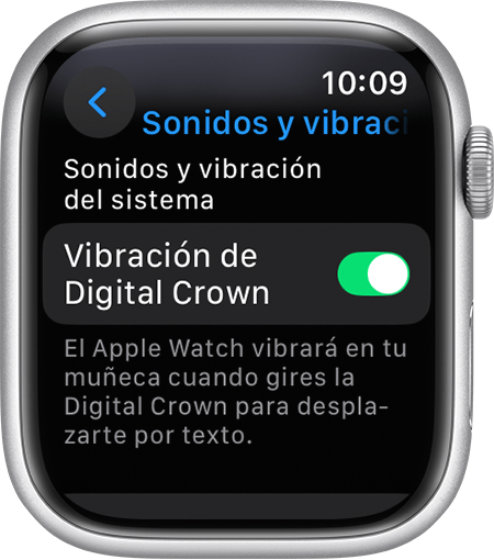 Pantalla del Apple Watch en la que se muestra la configuración de Vibración de Digital Crown