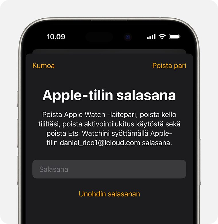 Kehote, jossa pyydetään antamaan Apple-tilin salasana aktivointilukituksen poistamiseksi käytöstä.