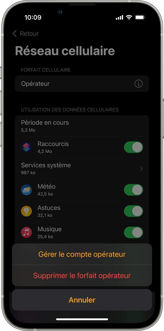 iPhone affichant l’écran Cellulaire dans l’app Watch