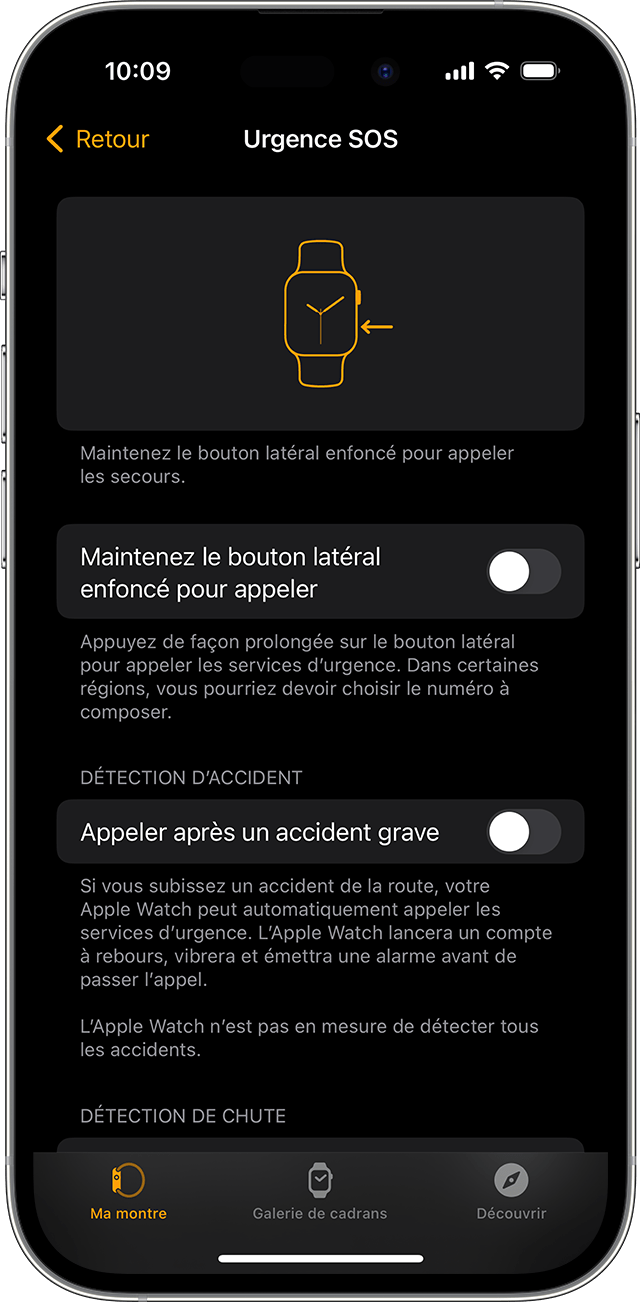 Écran d’iPhone qui affiche les réglages d’Urgence SOS pour l’Apple Watch