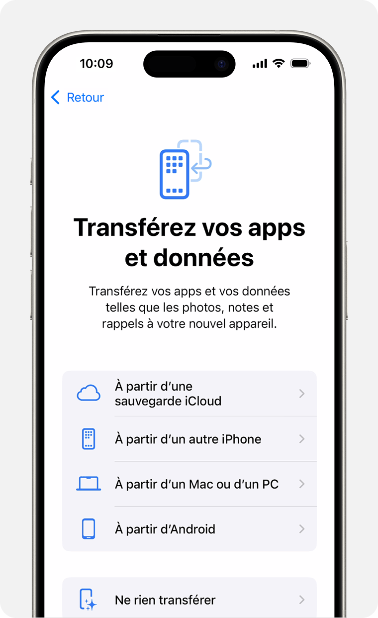 Écran de l’iPhone affichant l’option de transférer des apps et des données