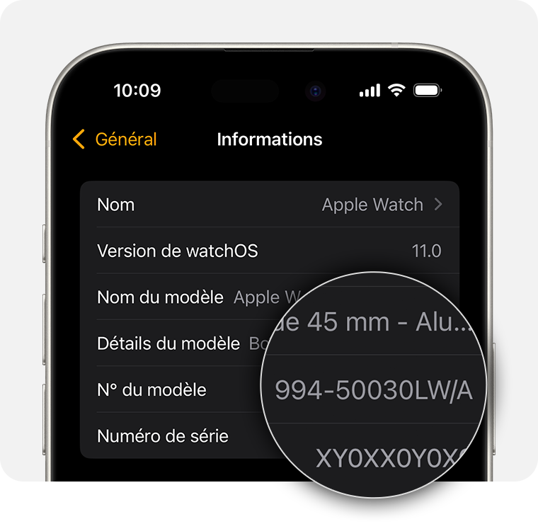 Écran d’iPhone affichant les réglages généraux pour l’Apple Watch