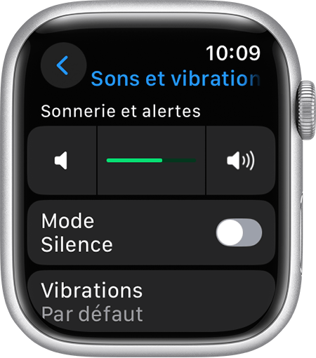 Écran d’Apple Watch affichant les réglages Sons et vibrations