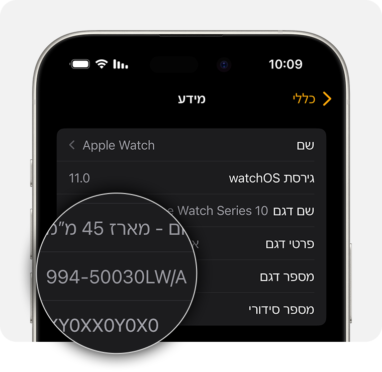 מסך iPhone המציג הגדרות כלליות של Apple Watch