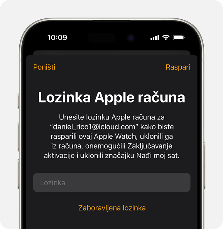 Zahtjev za unos lozinke za Apple račun radi onemogućivanja zaključavanja aktivacije.