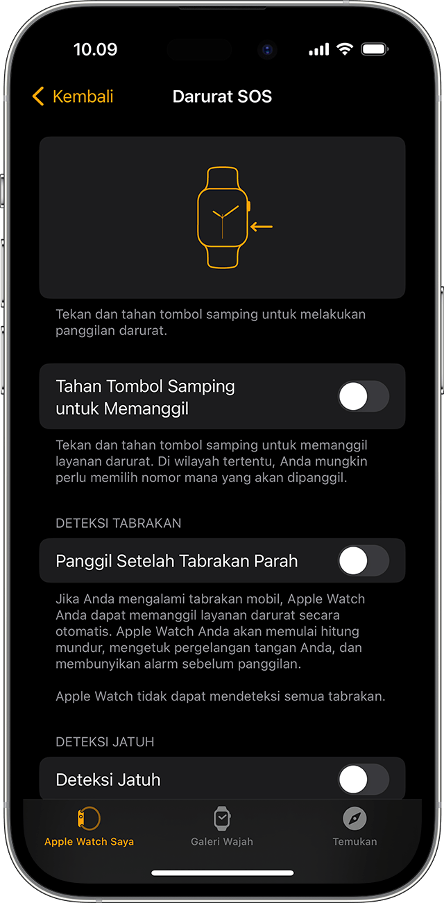 Layar iPhone menampilkan pengaturan Darurat SOS untuk Apple Watch