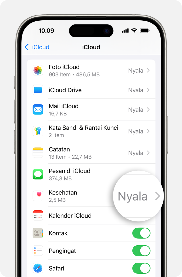 Layar iPhone yang menampilkan Pengaturan iCloud