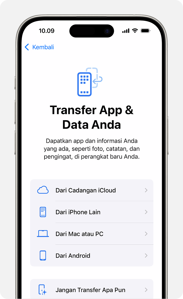 Layar iPhone yang menampilkan pilihan untuk mentransfer app dan data