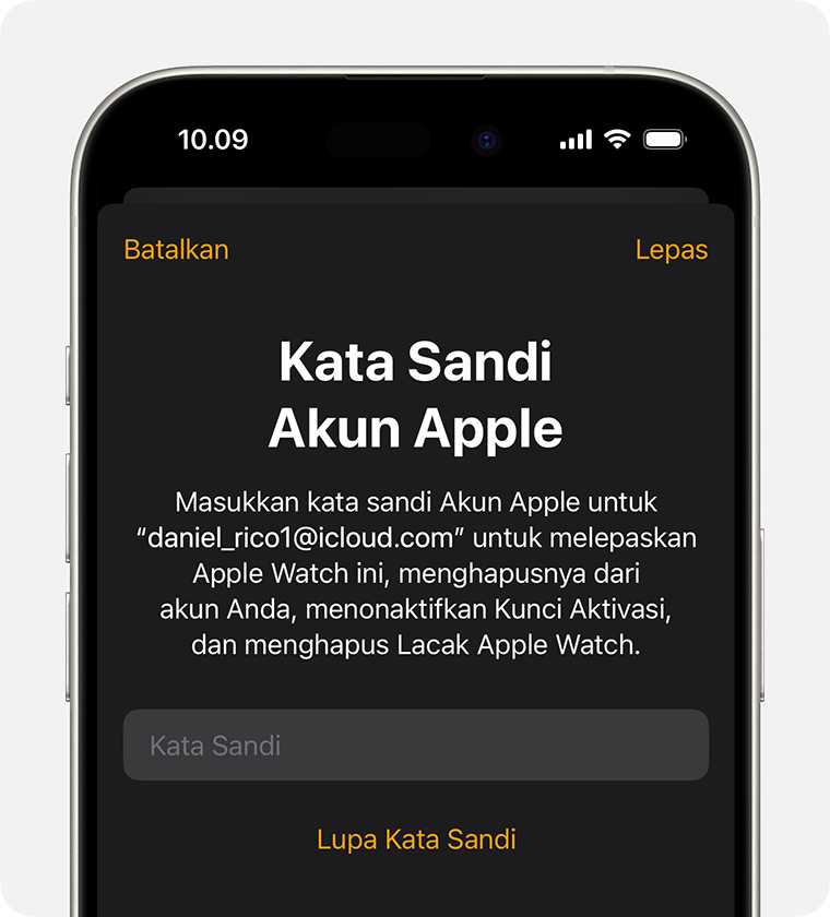 Perintah untuk memasukkan kata sandi Akun Apple untuk menonaktifkan Kunci Aktivasi.