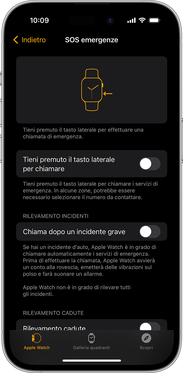 Schermata di iPhone che mostra le impostazioni di SOS emergenze per Apple Watch