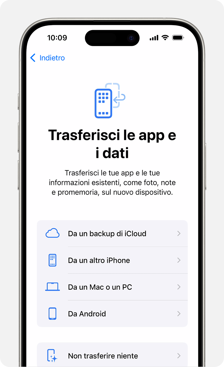 Schermata dell'iPhone che mostra l'opzione per trasferire app e dati