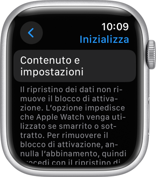 Apple Watch che mostra Inizializza contenuto e impostazioni