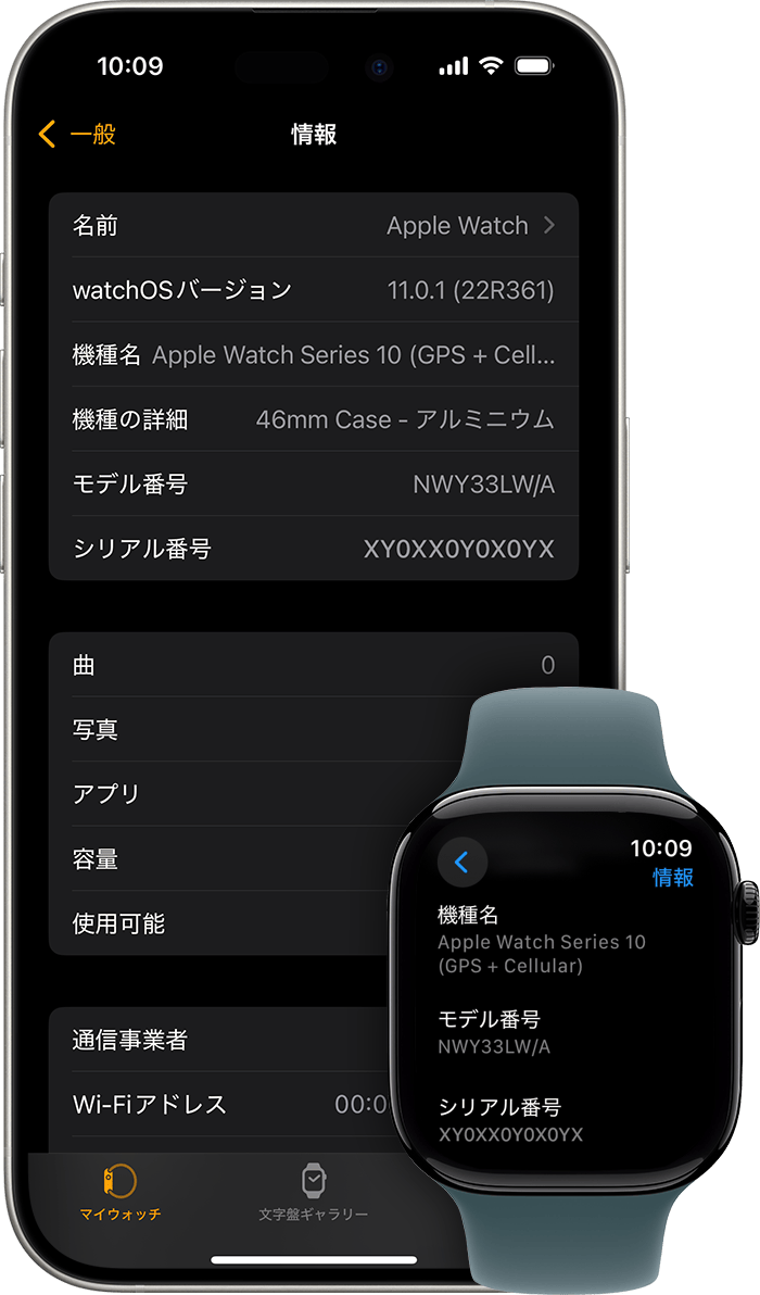 iPhoneおよびApple Watchの「情報」画面にシリアル番号が表示されているところ