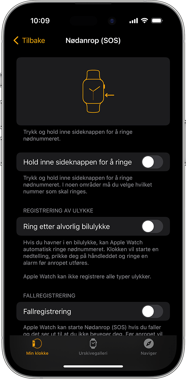 iPhone-skjermen viser nødanrop (SOS)-innstillinger for Apple Watch