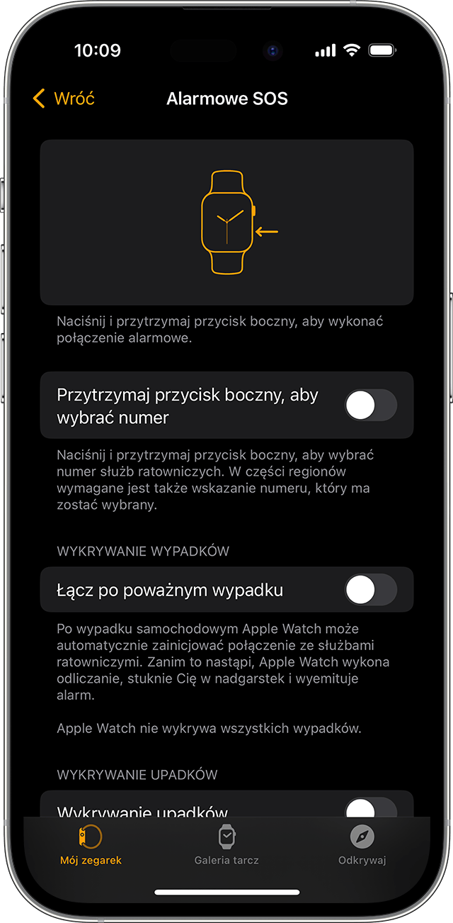 Ekran iPhone’a pokazujący ustawienia funkcji Alarmowe SOS dla zegarka Apple Watch