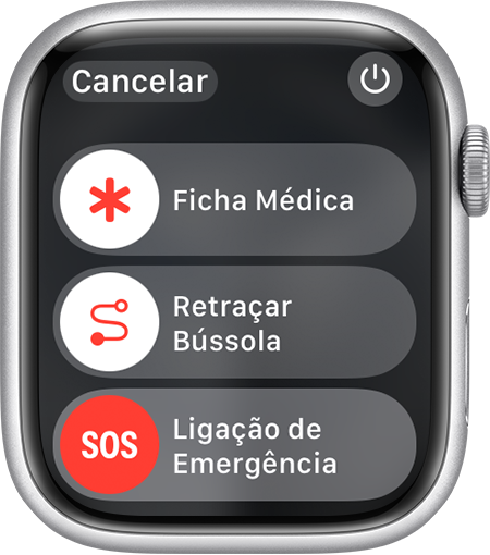 Tela do Apple Watch mostrando o controle deslizante Ligação de Emergência