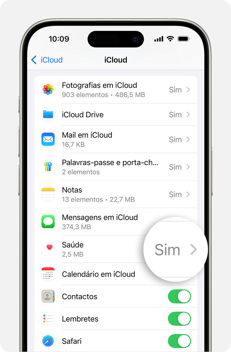 Ecrã do iPhone a mostrar as Definições do iCloud