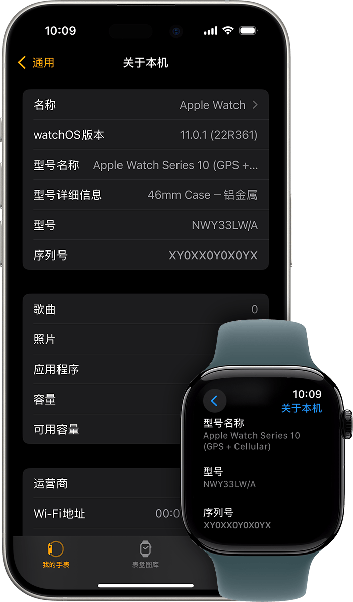 iPhone 和 Apple Watch 显示了“关于本机”屏幕和序列号