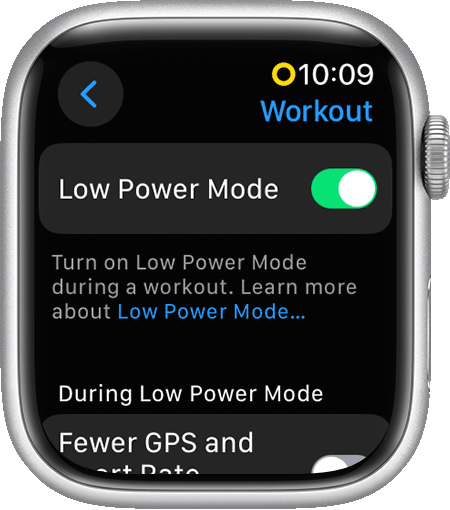 Écran d’une Apple Watch affichant le réglage Mode économie d’énergie