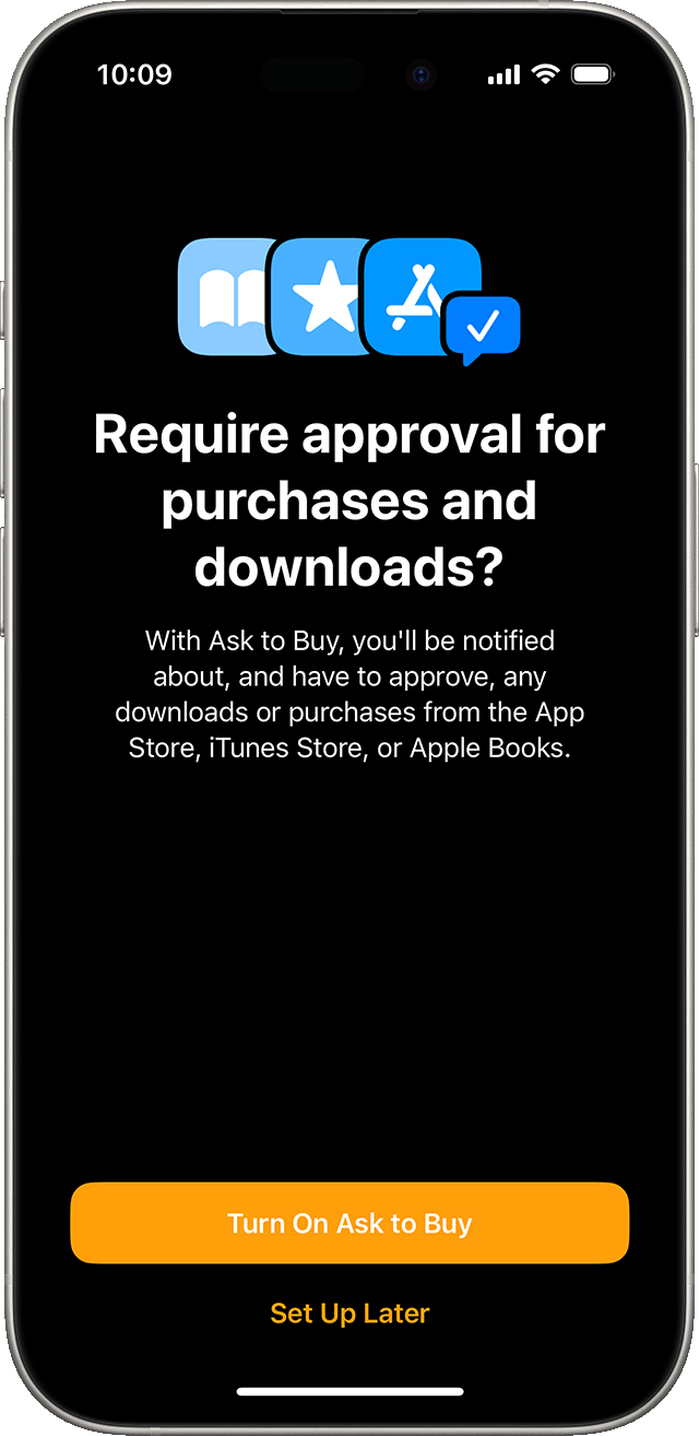 iPhone showing the screen on which a user turns on the Ask to Buy feature